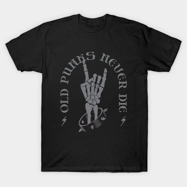 OLD PUNKS NEVER DIE - Retro Skeleton Rock On Hand T-Shirt by Fitastic